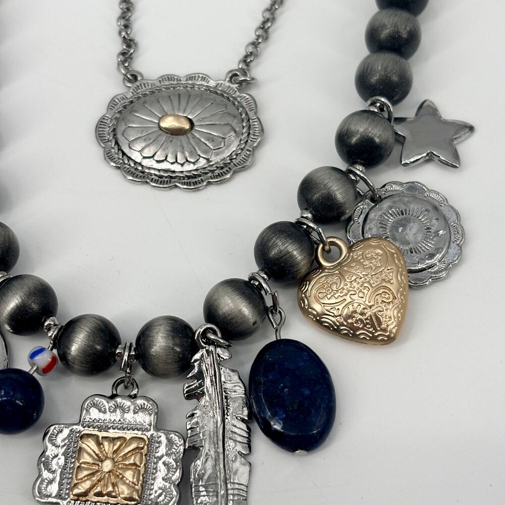 Chico’s Double Layer Beaded Charm Necklace 24" – Boho Mixed Metals Southwestern‎ - Picture 4 of 6